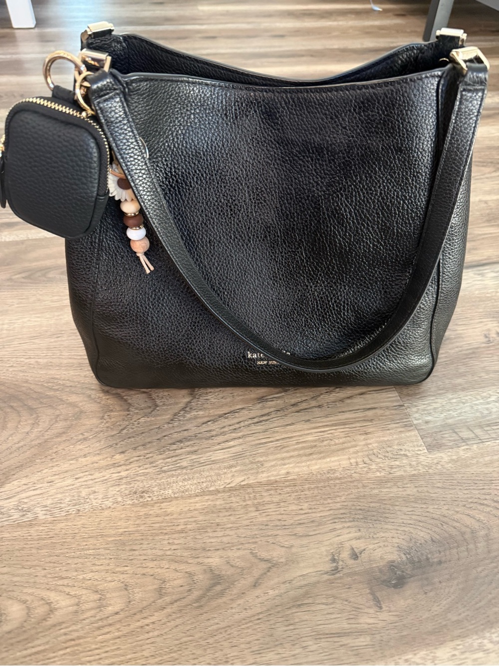 kate spade Black Pebbled Leather Shoulder Tote with Bead Charm